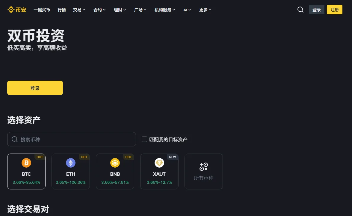 币安双币投资产品页截图，页面上半部分是四张资产卡片，BTC 卡片上标着 3.66%~85.64% 的年化区间