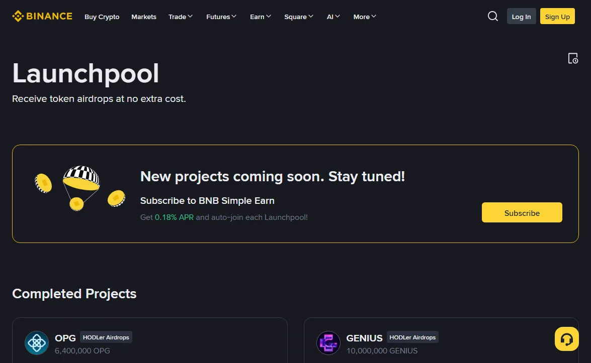 币安 Launchpool 页面已结束项目区块截图，OPG 与 GENIUS 两张卡片都标着 HODLer Airdrops，显示各自的总奖励量